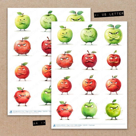 A4 and US Letter format comparison showing Grumpy Watercolour Apple fussy cut pages for print and cut crafting