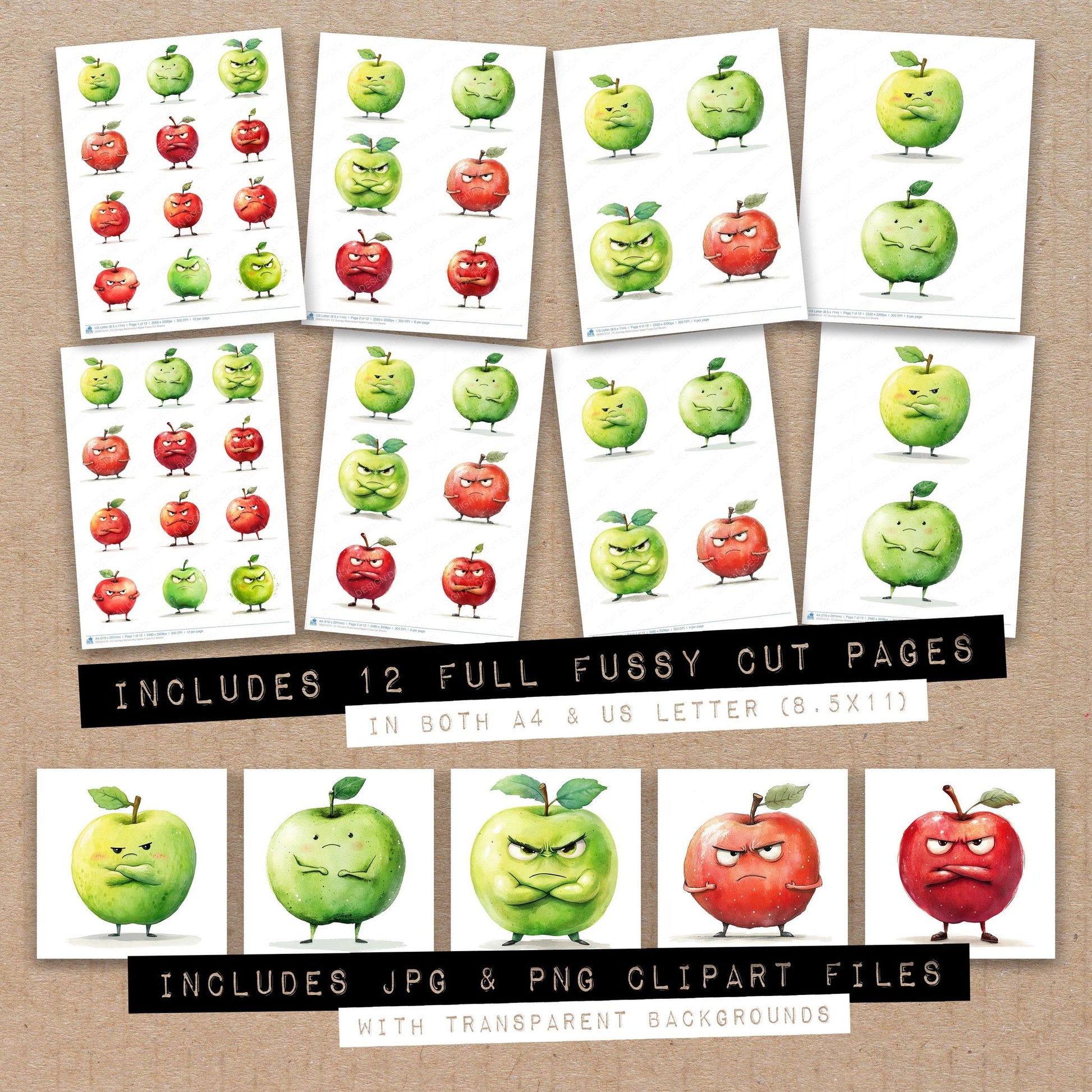 Full collection view of Grumpy Watercolour Apple fussy cut sheets with bonus clipart JPG and PNG files