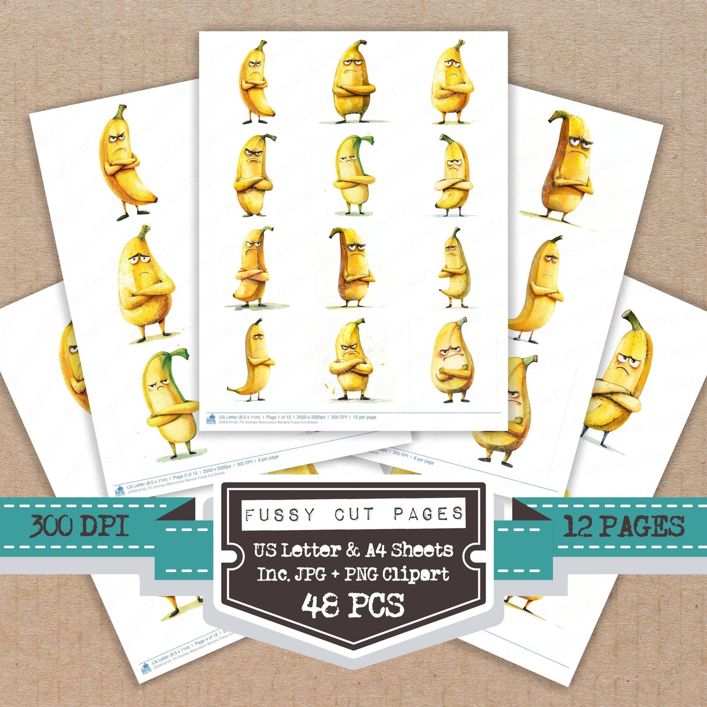 Grumpy Watercolour Banana fussy cut printable sheets for junk journaling, scrapbooking, and paper craft projects