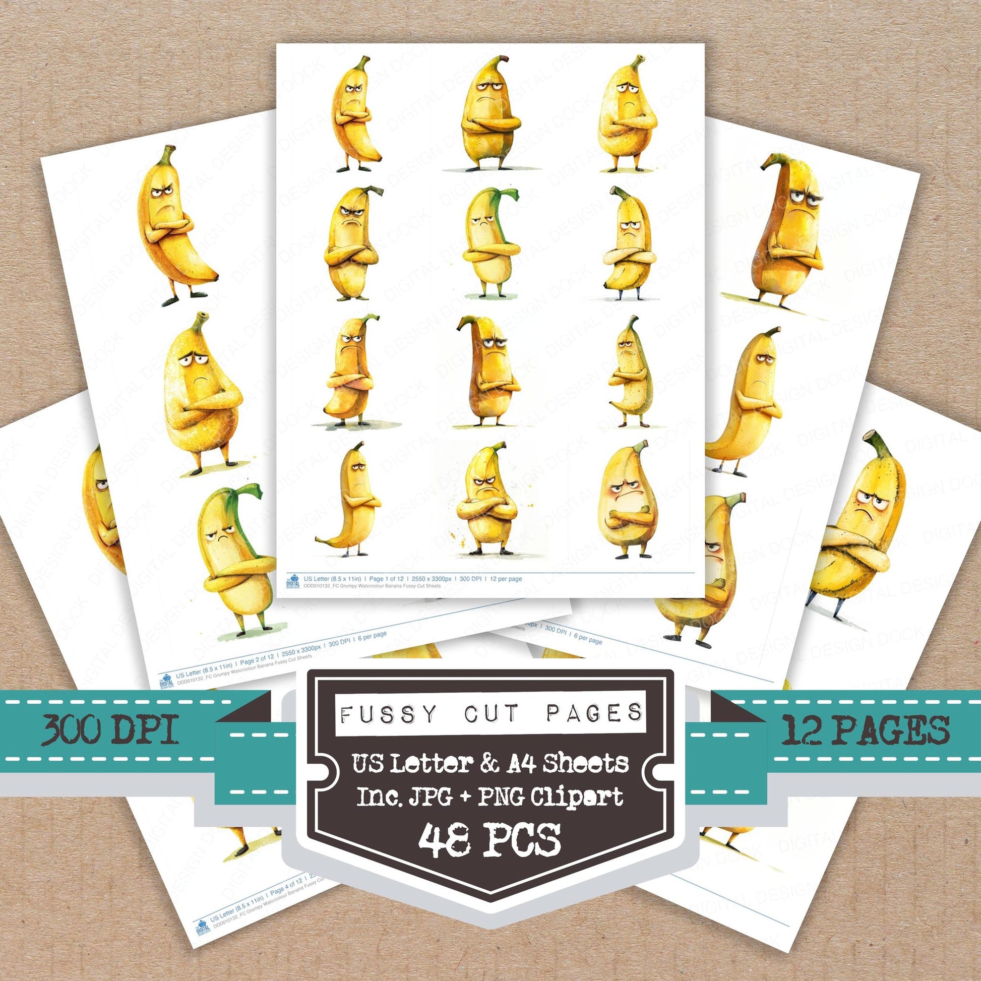 Grumpy Watercolour Banana fussy cut printable sheets for junk journaling, scrapbooking, and paper craft projects