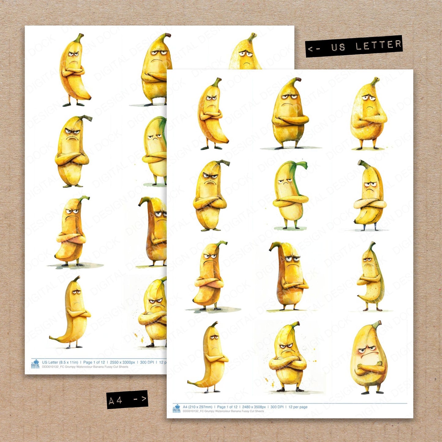 A4 and US Letter format comparison showing Grumpy Watercolour Banana fussy cut pages for print and cut crafting