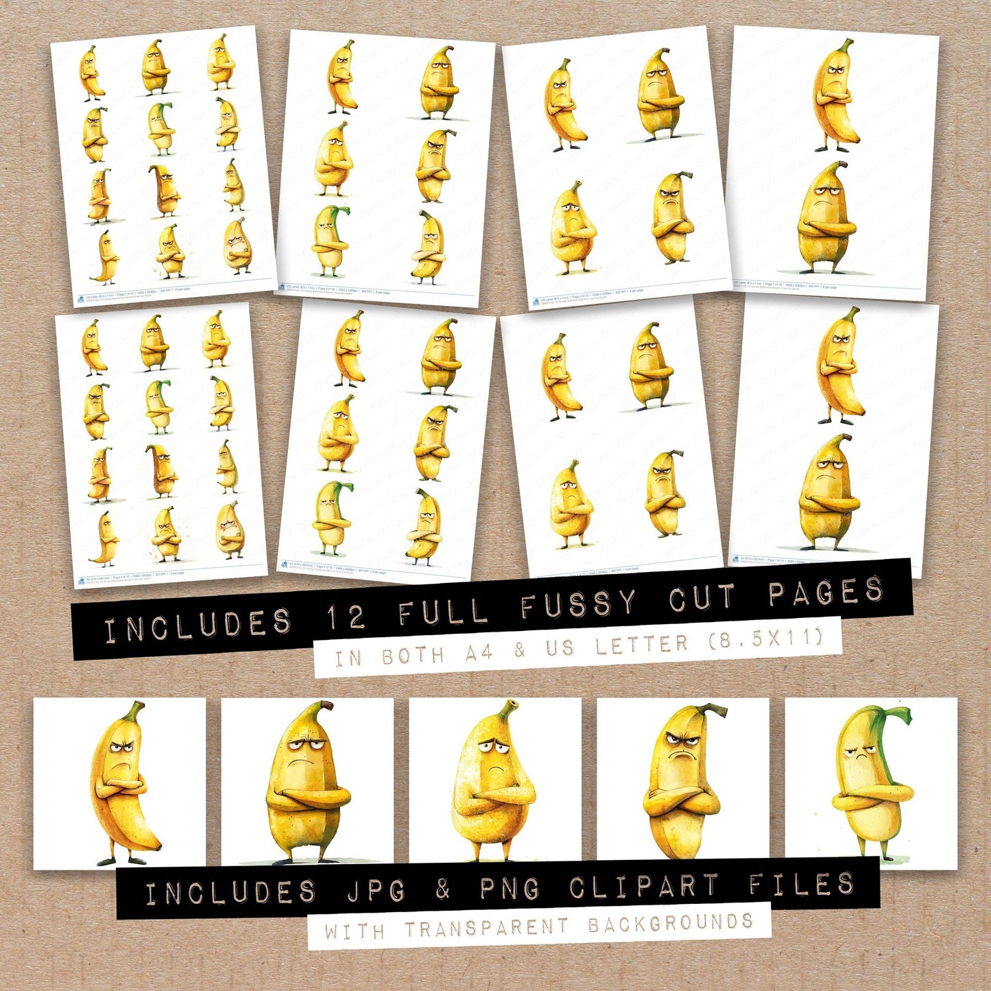Full collection view of Grumpy Watercolour Banana fussy cut sheets with bonus clipart JPG and PNG files