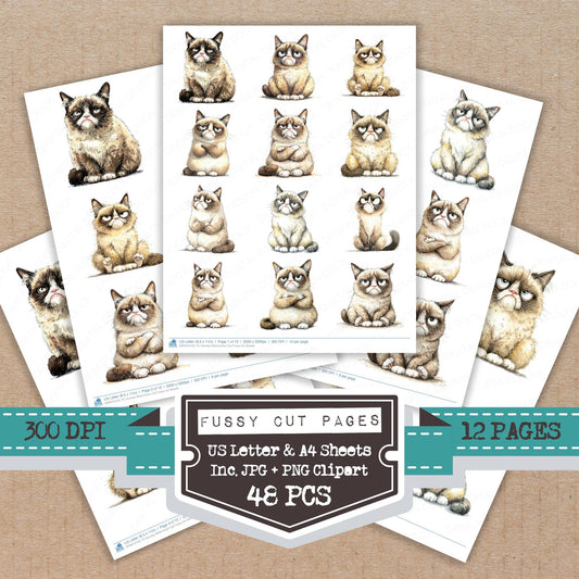 Grumpy Watercolour Cat fussy cut printable sheets for junk journaling, scrapbooking, and paper craft projects