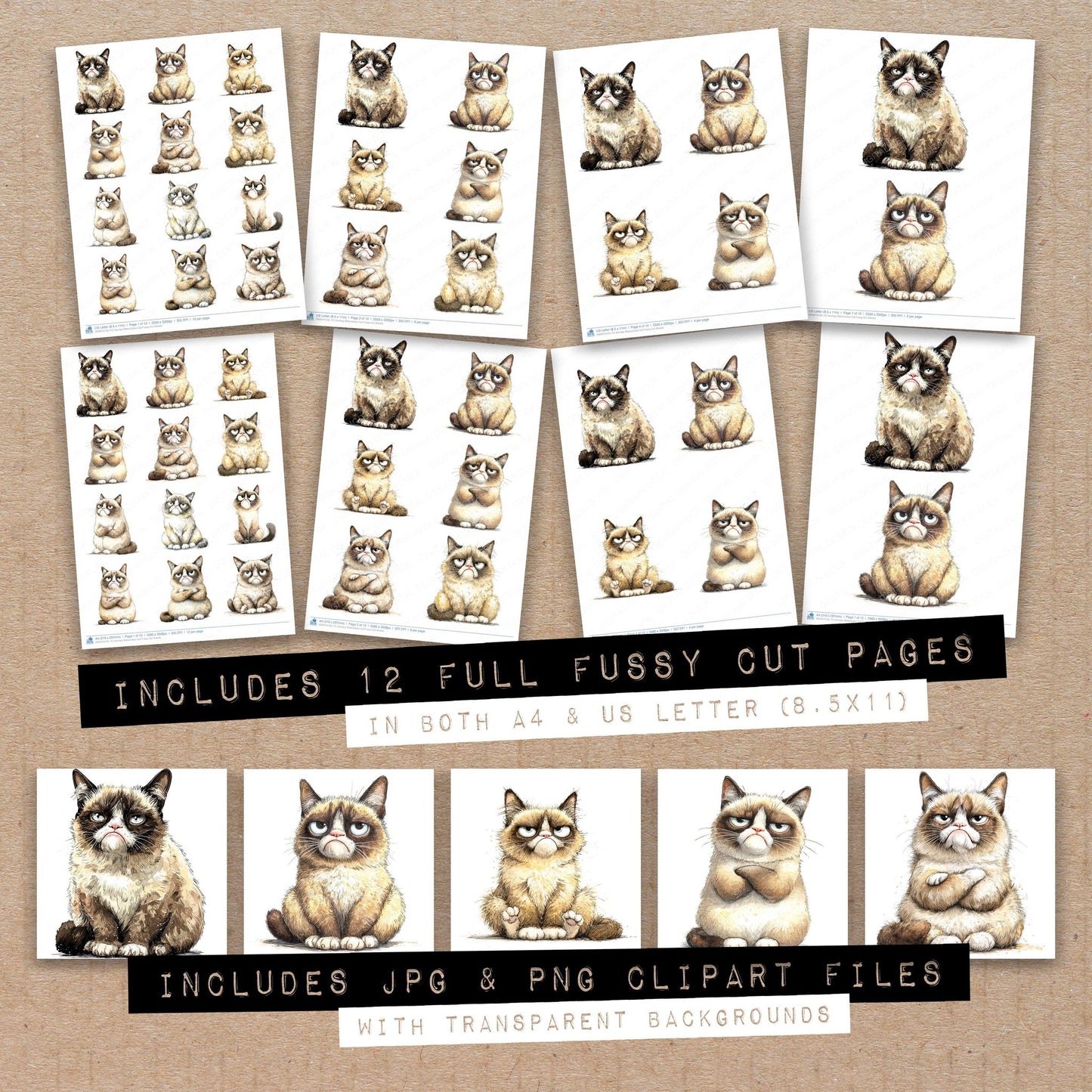Full collection view of Grumpy Watercolour Cat fussy cut sheets with bonus clipart JPG and PNG files