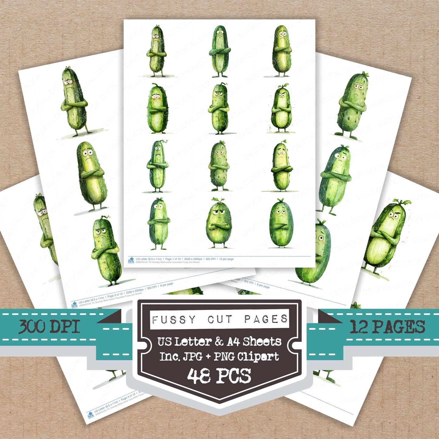 Grumpy Watercolour Cucumber fussy cut printable sheets for junk journaling, scrapbooking, and paper craft projects