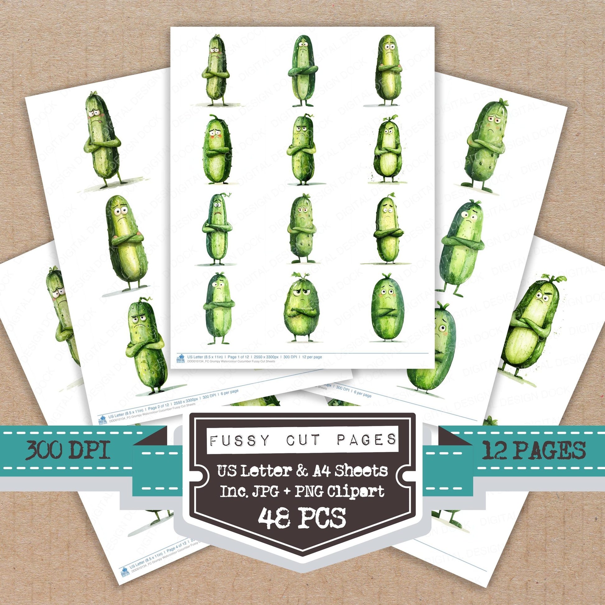 Grumpy Watercolour Cucumber fussy cut printable sheets for junk journaling, scrapbooking, and paper craft projects