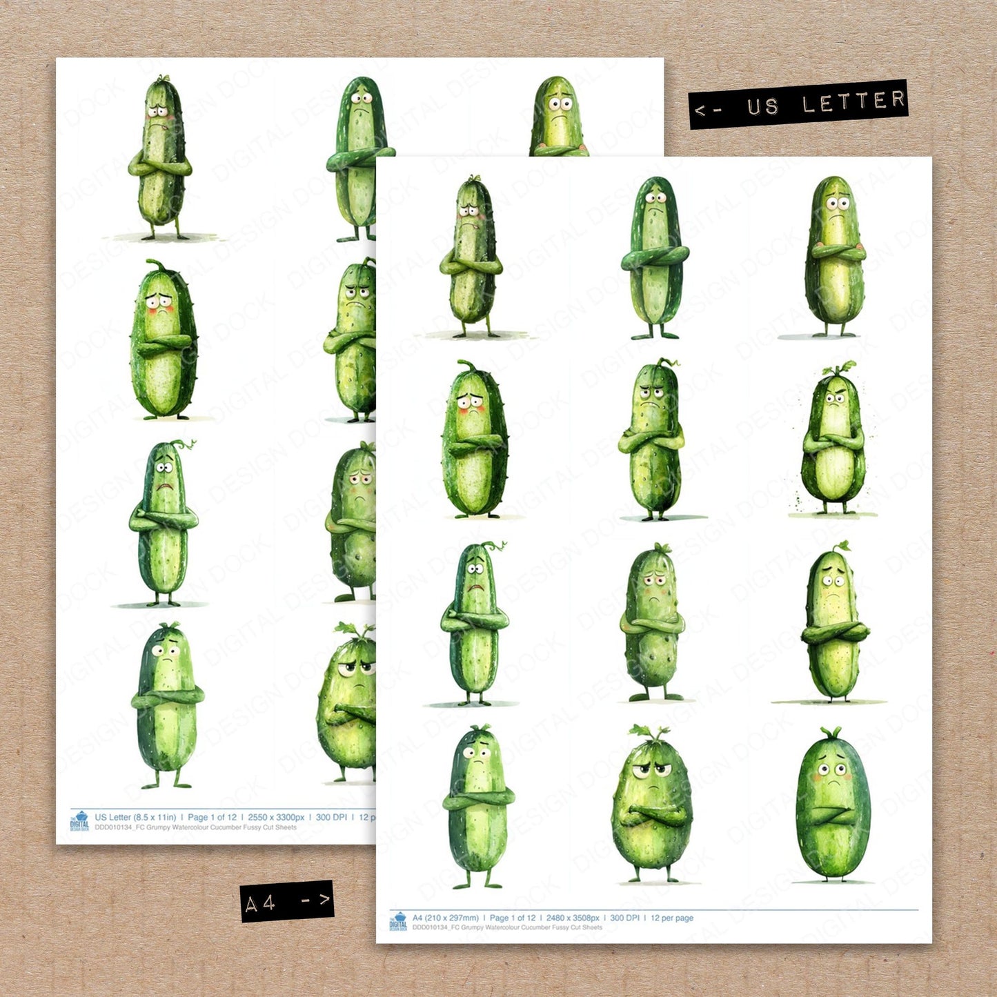 A4 and US Letter format comparison showing Grumpy Watercolour Cucumber fussy cut pages for print and cut crafting