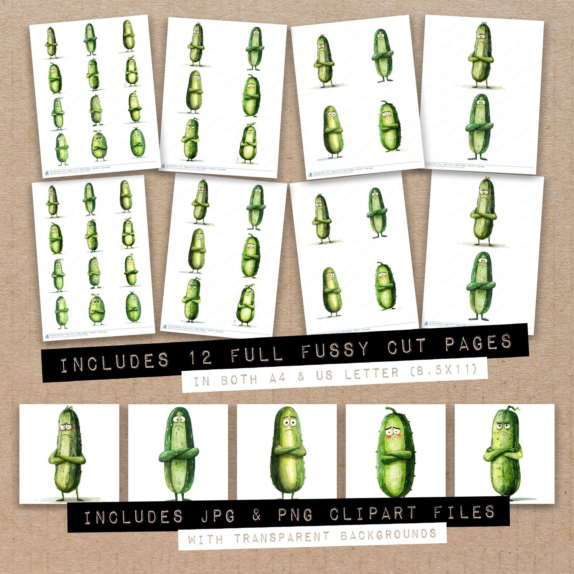 Full collection view of Grumpy Watercolour Cucumber fussy cut sheets with bonus clipart JPG and PNG files