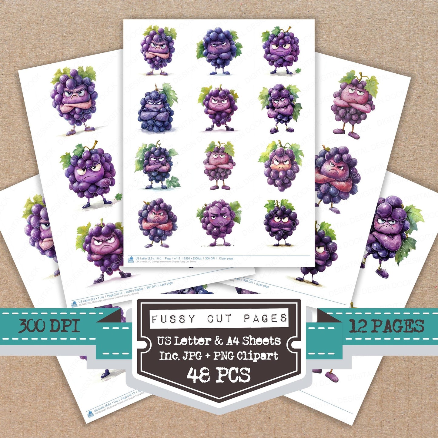 Grumpy Watercolour Grapes fussy cut printable sheets for junk journaling, scrapbooking, and paper craft projects