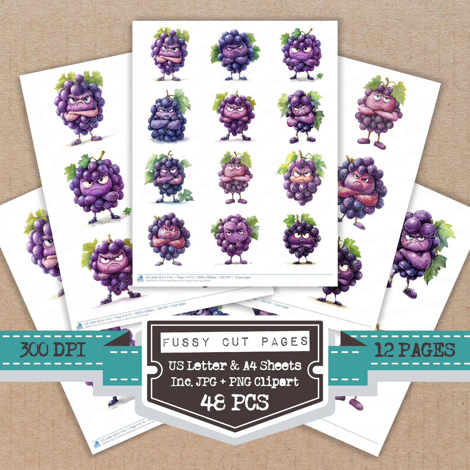 Grumpy Watercolour Grapes fussy cut printable sheets for junk journaling, scrapbooking, and paper craft projects