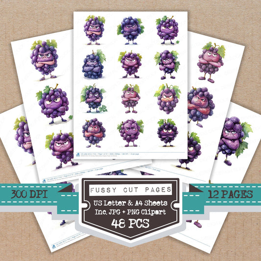 Grumpy Watercolour Grapes fussy cut printable sheets for junk journaling, scrapbooking, and paper craft projects