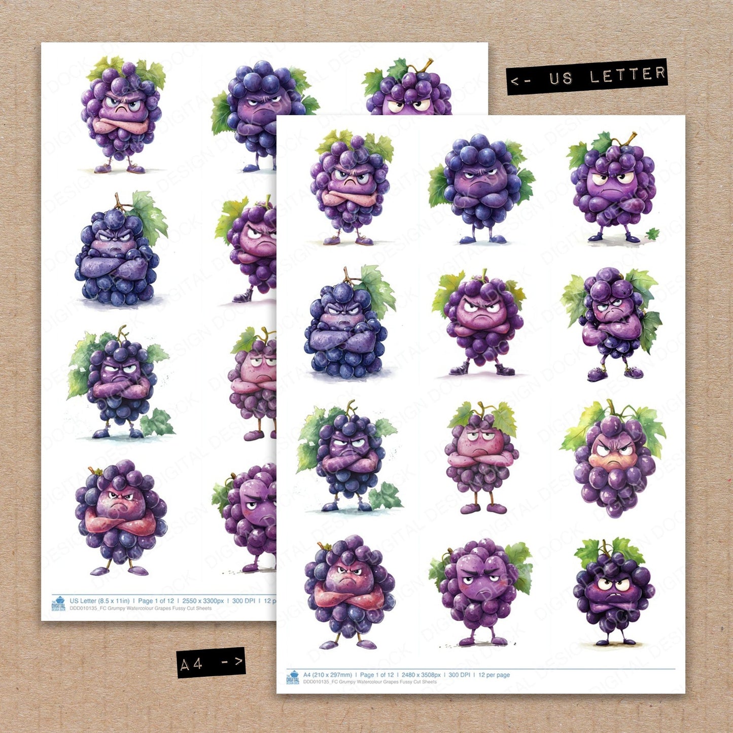 A4 and US Letter format comparison showing Grumpy Watercolour Grapes fussy cut pages for print and cut crafting