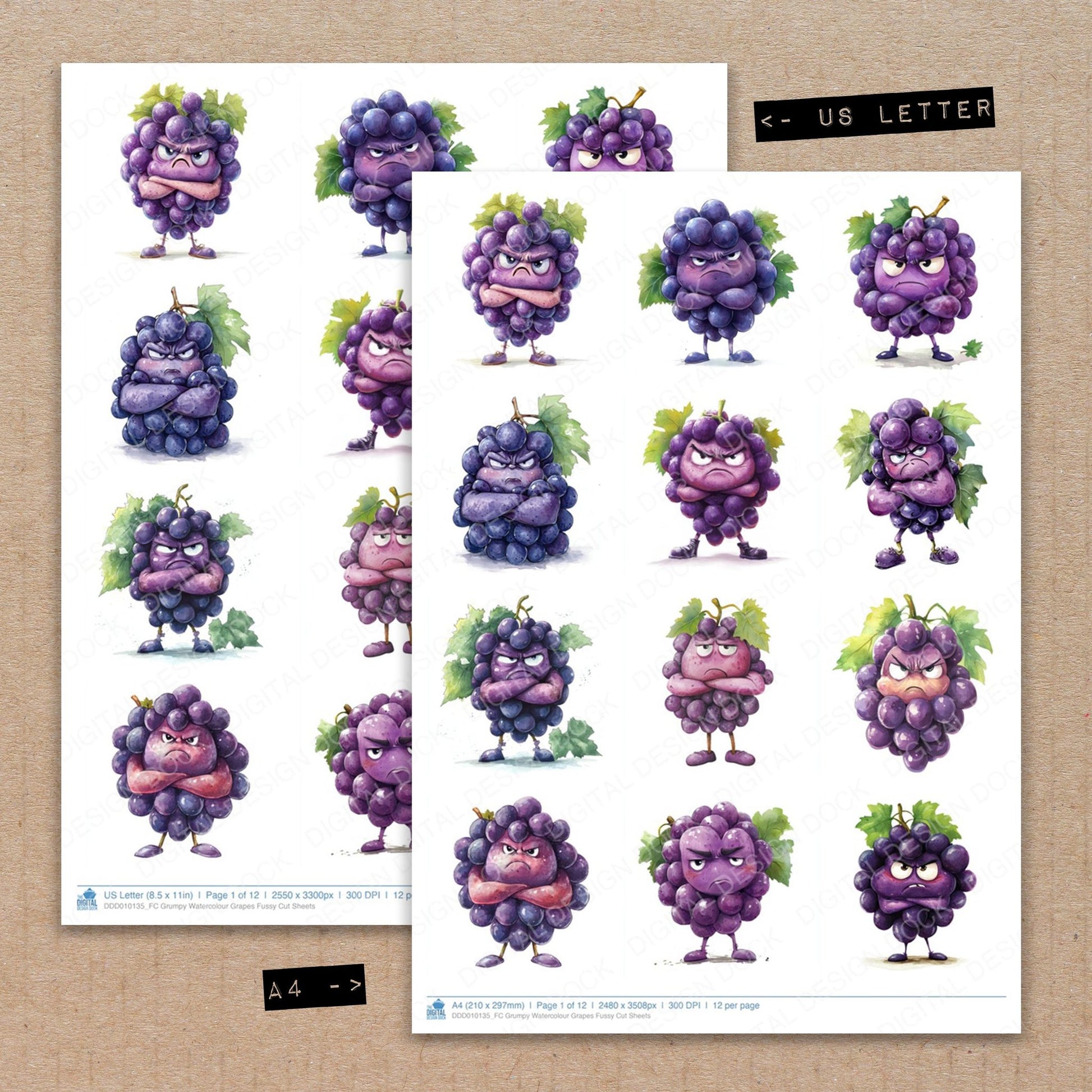 A4 and US Letter format comparison showing Grumpy Watercolour Grapes fussy cut pages for print and cut crafting