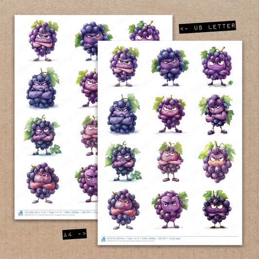 A4 and US Letter format comparison showing Grumpy Watercolour Grapes fussy cut pages for print and cut crafting