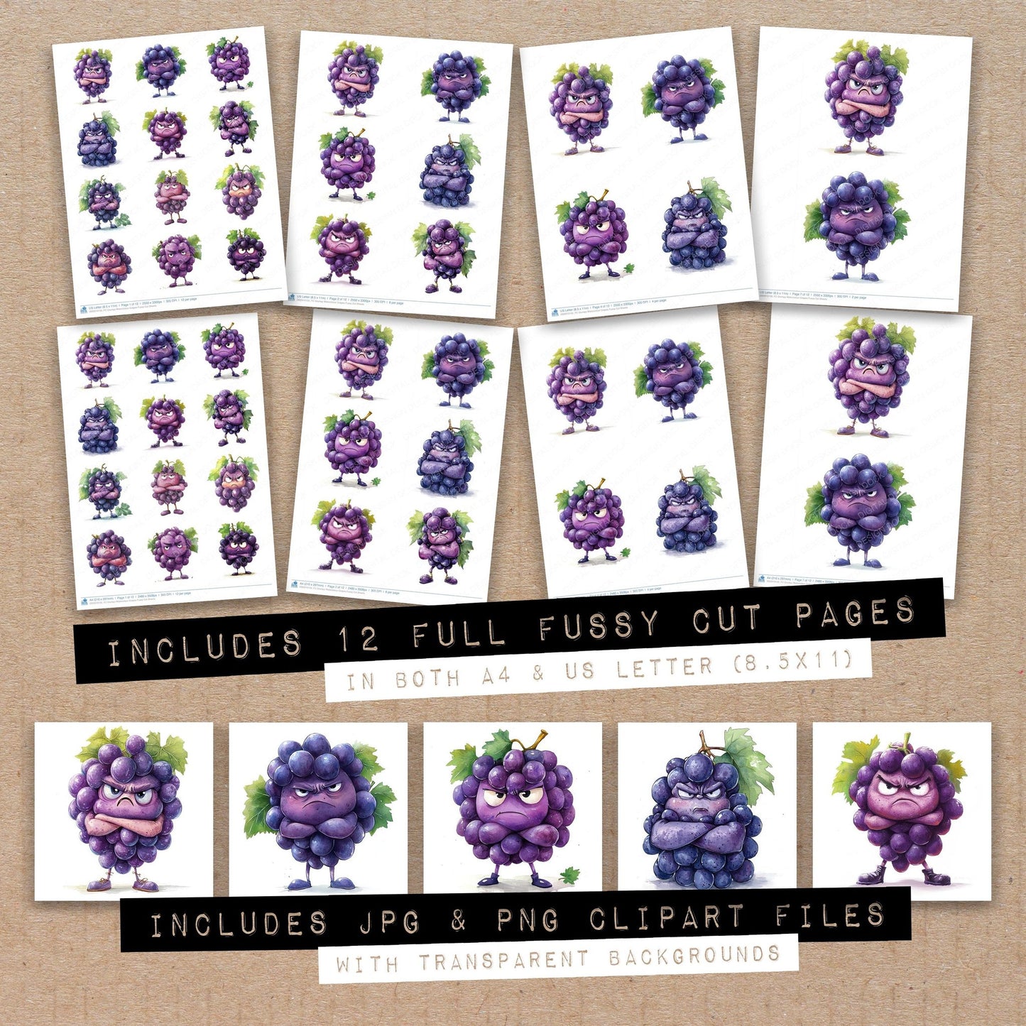 Full collection view of Grumpy Watercolour Grapes fussy cut sheets with bonus clipart JPG and PNG files