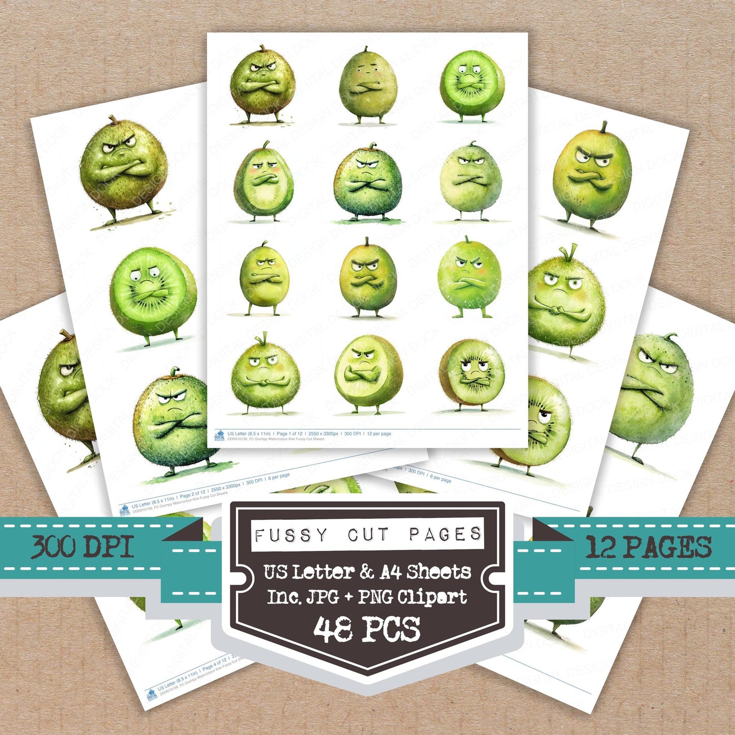Grumpy Watercolour Kiwi fussy cut printable sheets for junk journaling, scrapbooking, and paper craft projects