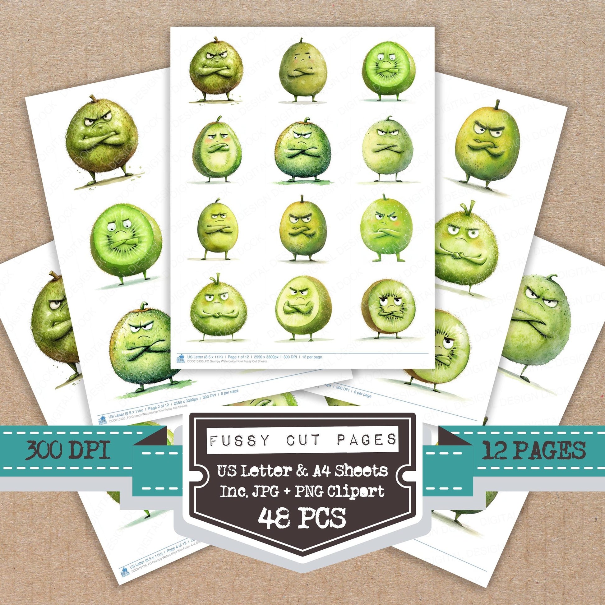 Grumpy Watercolour Kiwi fussy cut printable sheets for junk journaling, scrapbooking, and paper craft projects