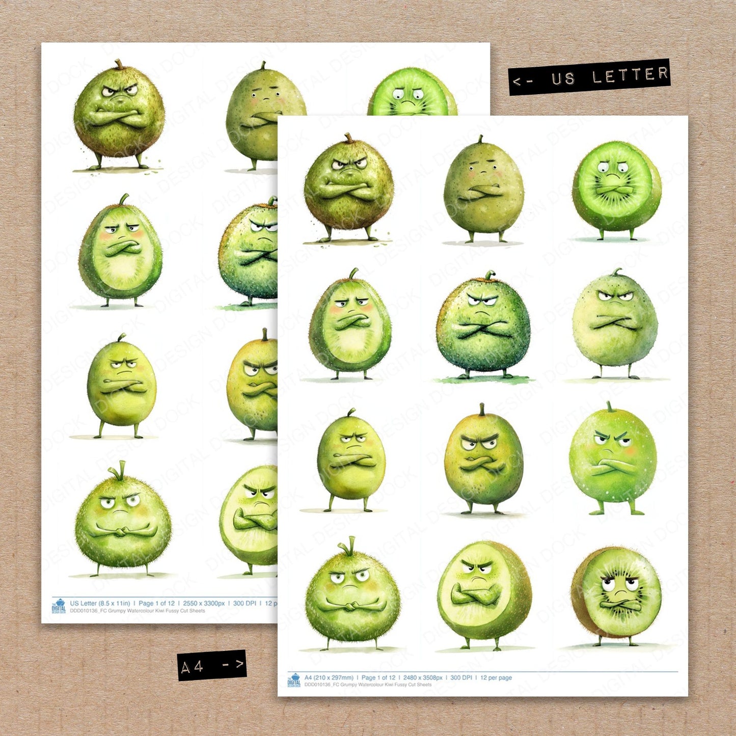A4 and US Letter format comparison showing Grumpy Watercolour Kiwi fussy cut pages for print and cut crafting