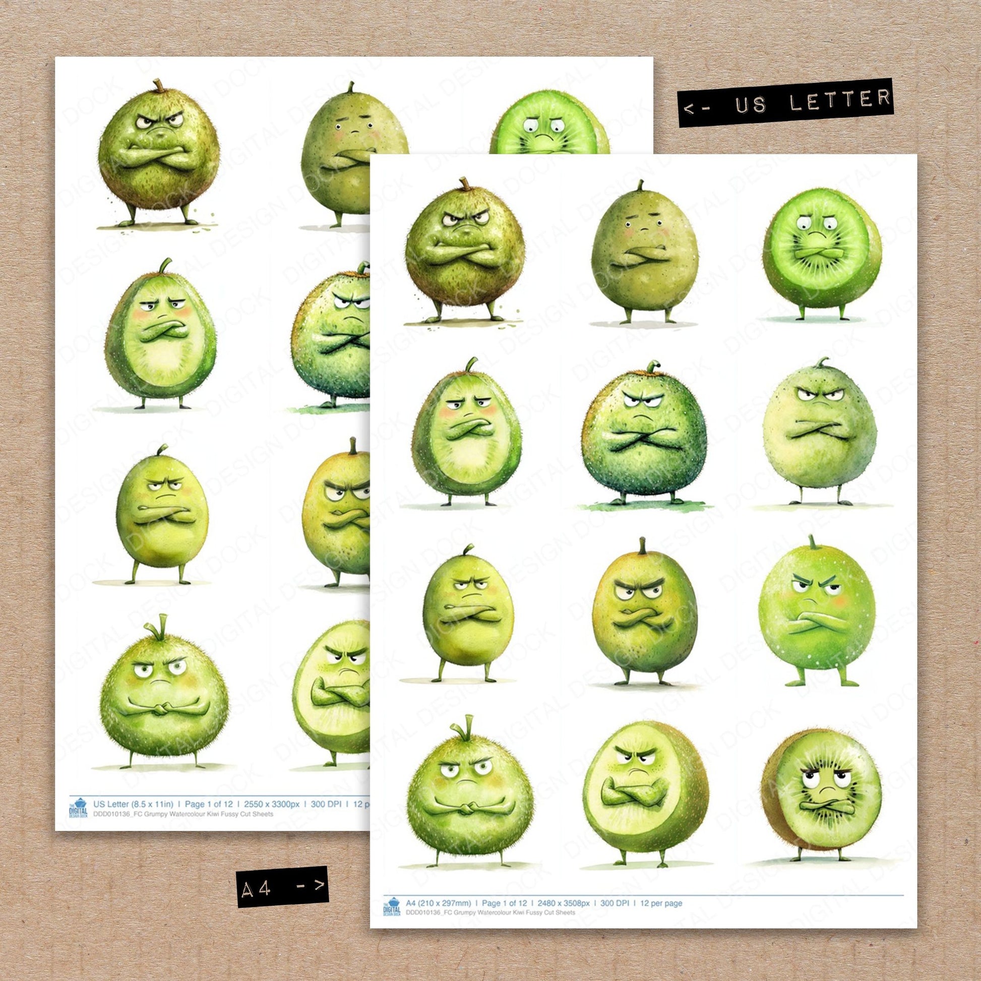 A4 and US Letter format comparison showing Grumpy Watercolour Kiwi fussy cut pages for print and cut crafting