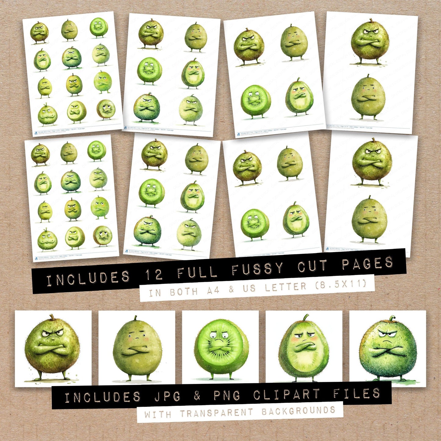 Full collection view of Grumpy Watercolour Kiwi fussy cut sheets with bonus clipart JPG and PNG files