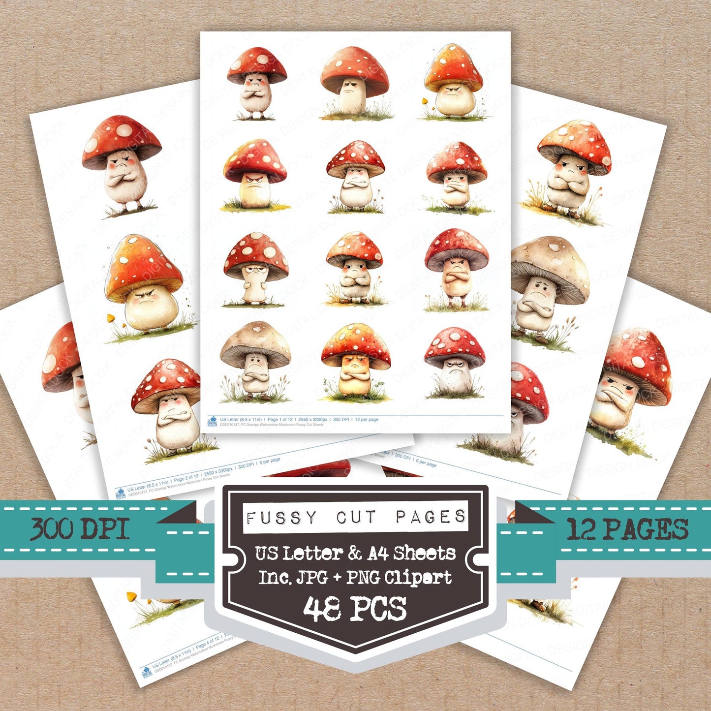 Grumpy Watercolour Mushroom fussy cut printable sheets for junk journaling, scrapbooking, and paper craft projects