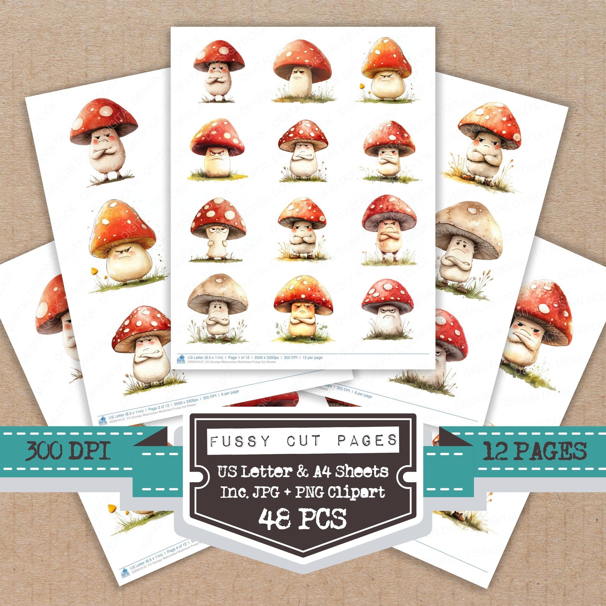Grumpy Watercolour Mushroom fussy cut printable sheets for junk journaling, scrapbooking, and paper craft projects