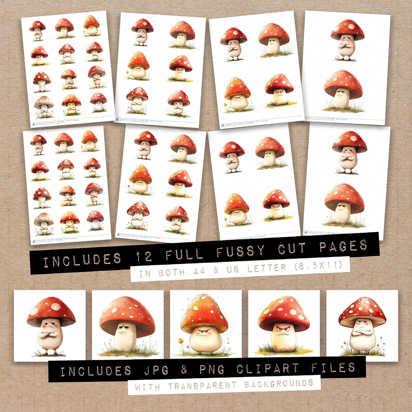 Full collection view of Grumpy Watercolour Mushroom fussy cut sheets with bonus clipart JPG and PNG files