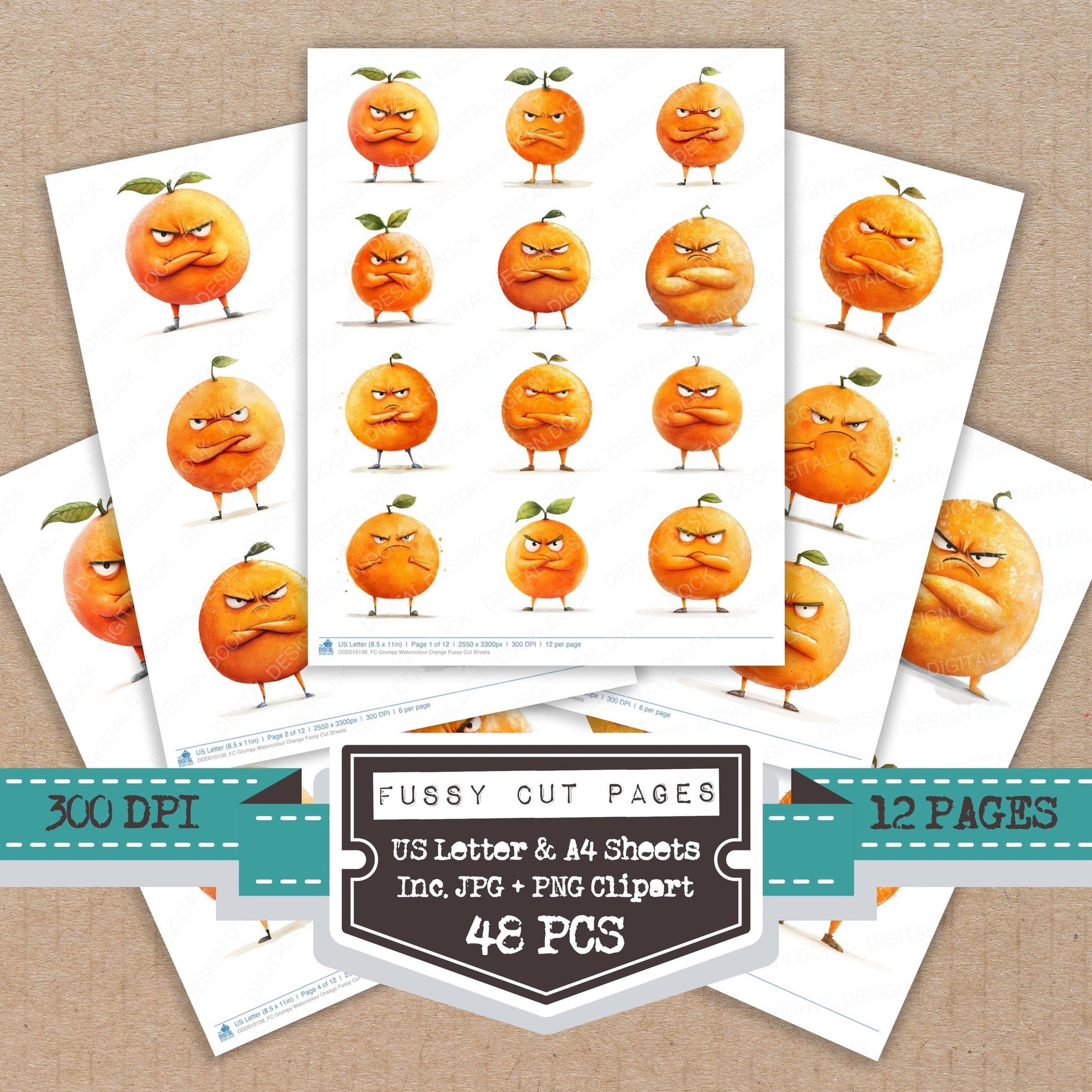 Grumpy Watercolour Orange fussy cut printable sheets for junk journaling, scrapbooking, and paper craft projects