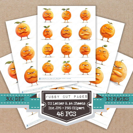 Grumpy Watercolour Orange fussy cut printable sheets for junk journaling, scrapbooking, and paper craft projects