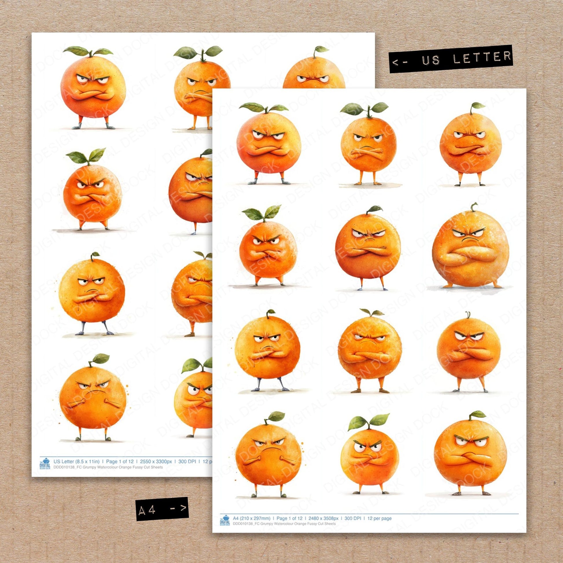 A4 and US Letter format comparison showing Grumpy Watercolour Orange fussy cut pages for print and cut crafting
