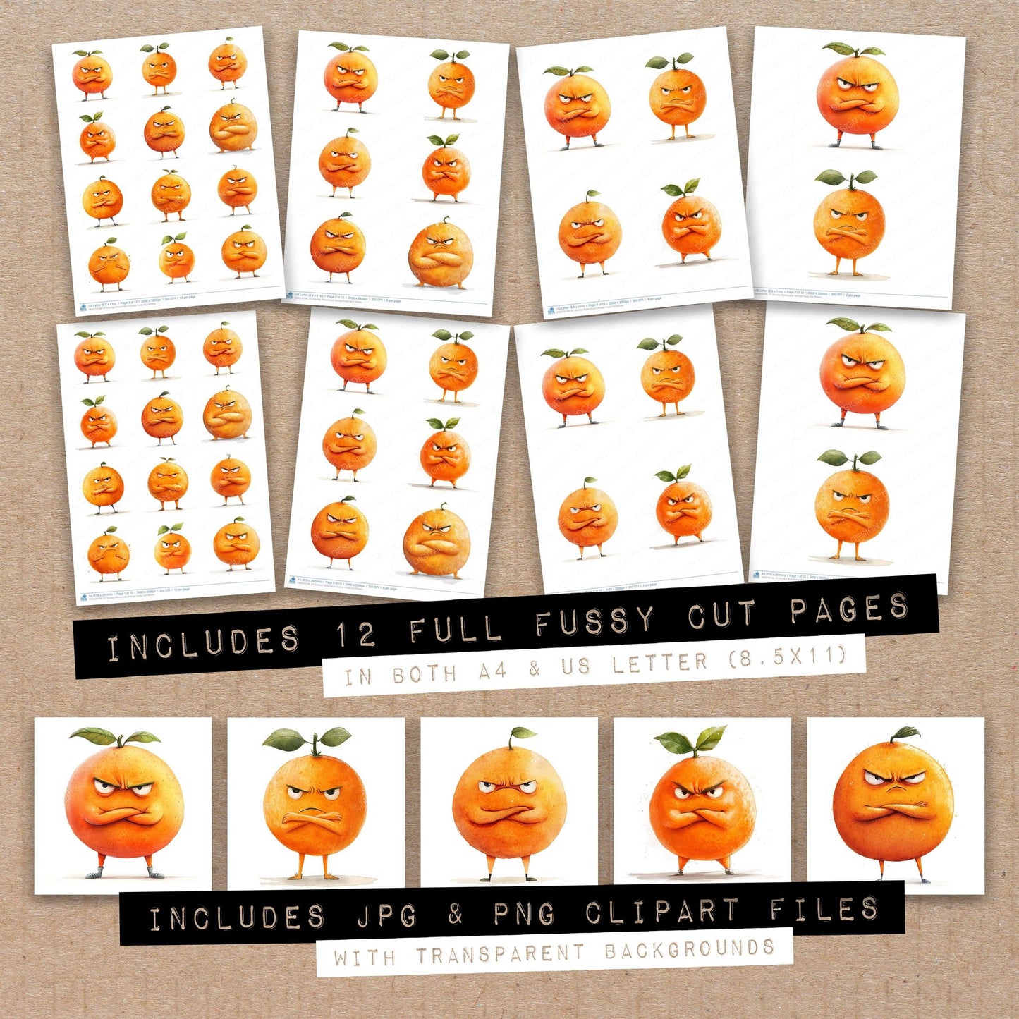 Full collection view of Grumpy Watercolour Orange fussy cut sheets with bonus clipart JPG and PNG files