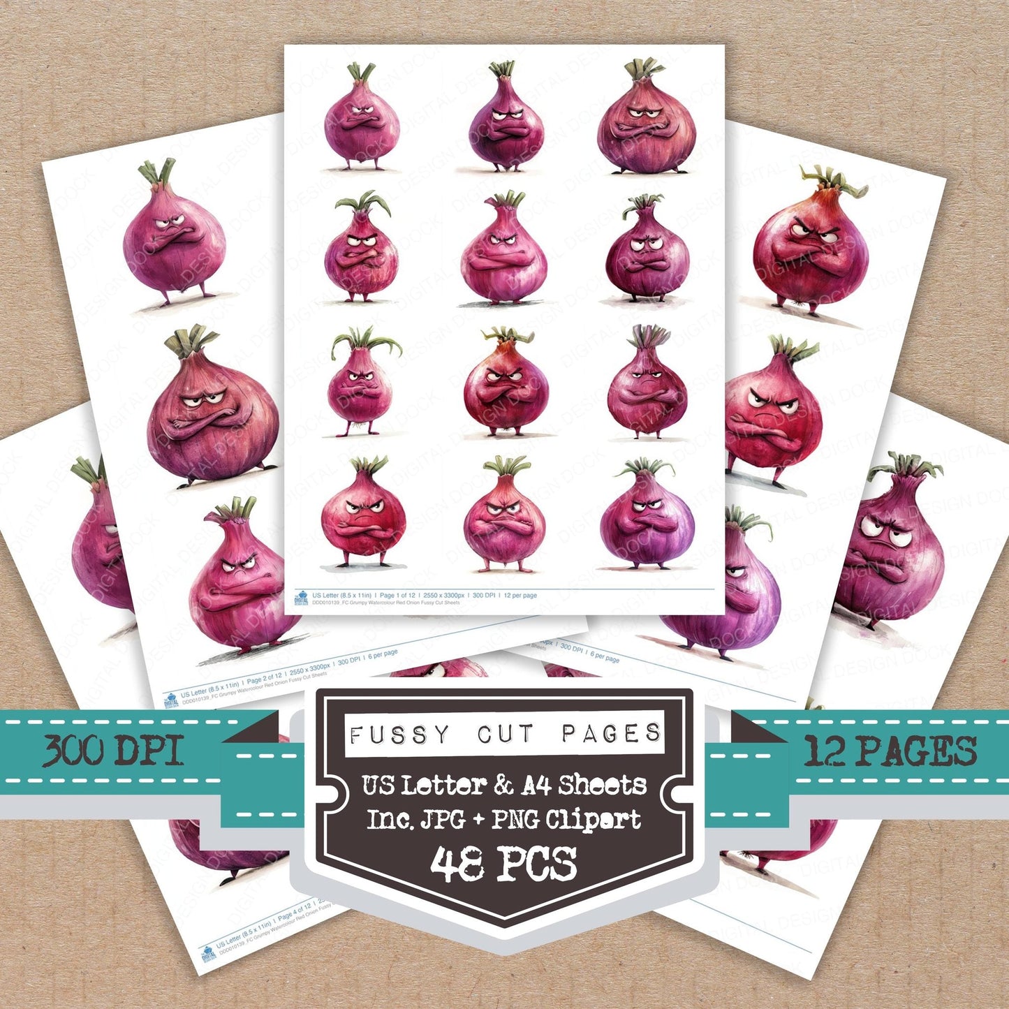 Grumpy Watercolour Red Onion Fussy Cut Sheets (DDD010139)