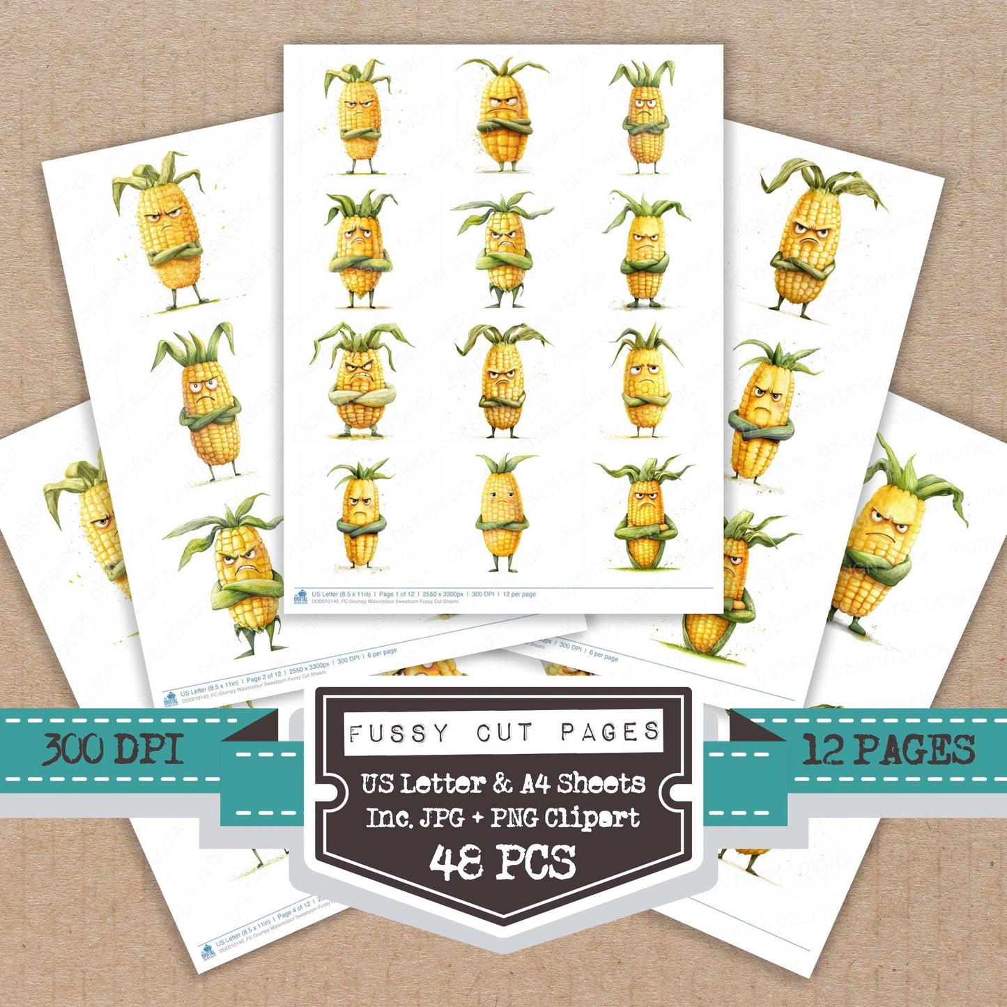 Grumpy Watercolour Sweetcorn Fussy Cut Sheets (DDD010140)
