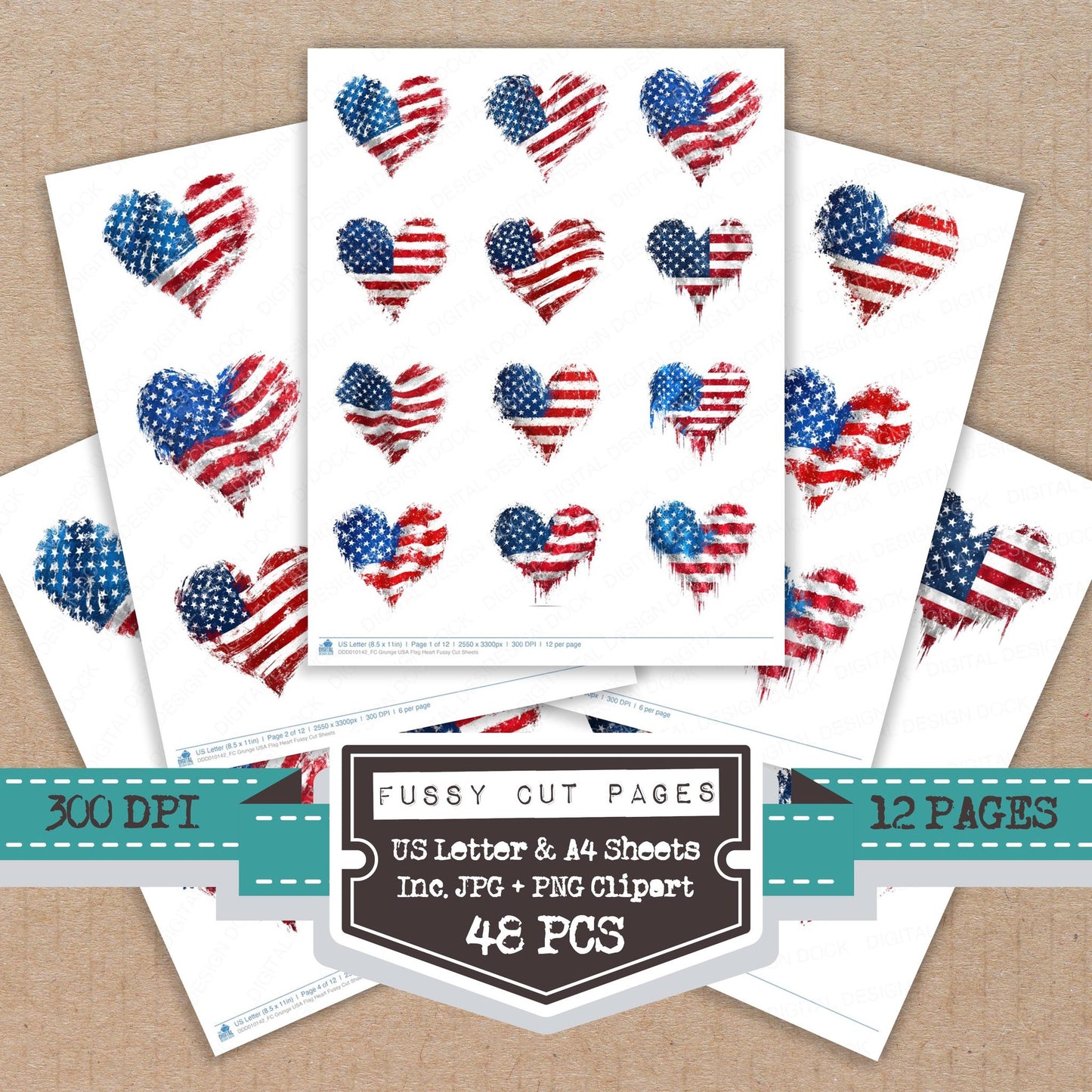Grunge USA Flag Heart fussy cut printable sheets for junk journaling, scrapbooking, and paper craft projects