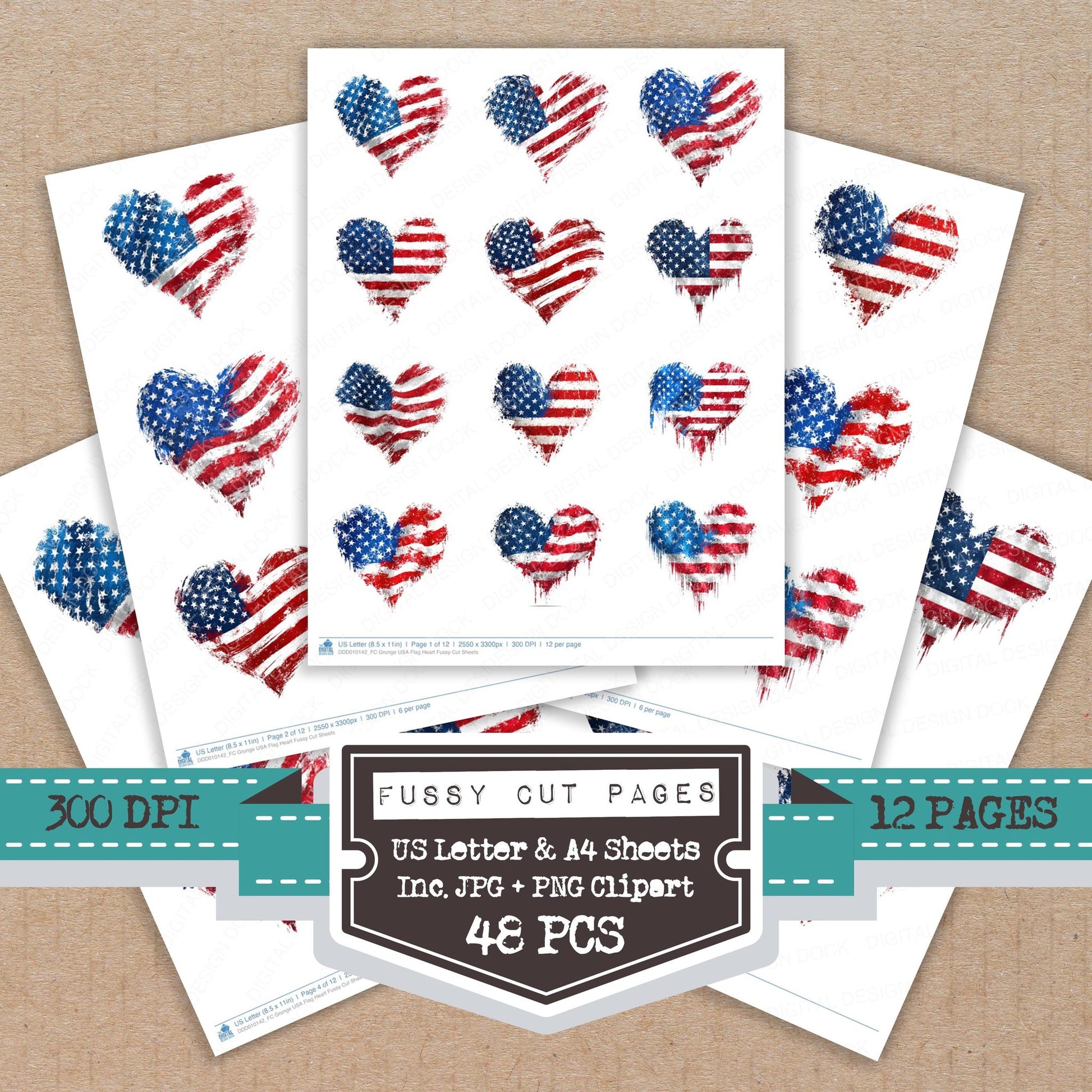 Grunge USA Flag Heart fussy cut printable sheets for junk journaling, scrapbooking, and paper craft projects