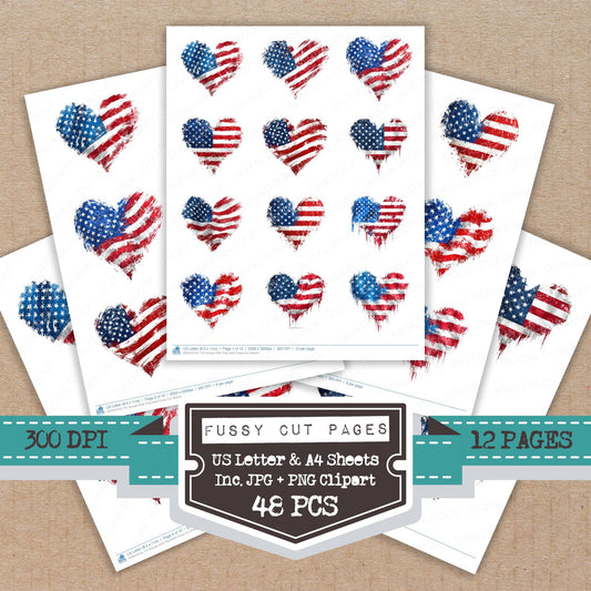 Grunge USA Flag Heart fussy cut printable sheets for junk journaling, scrapbooking, and paper craft projects