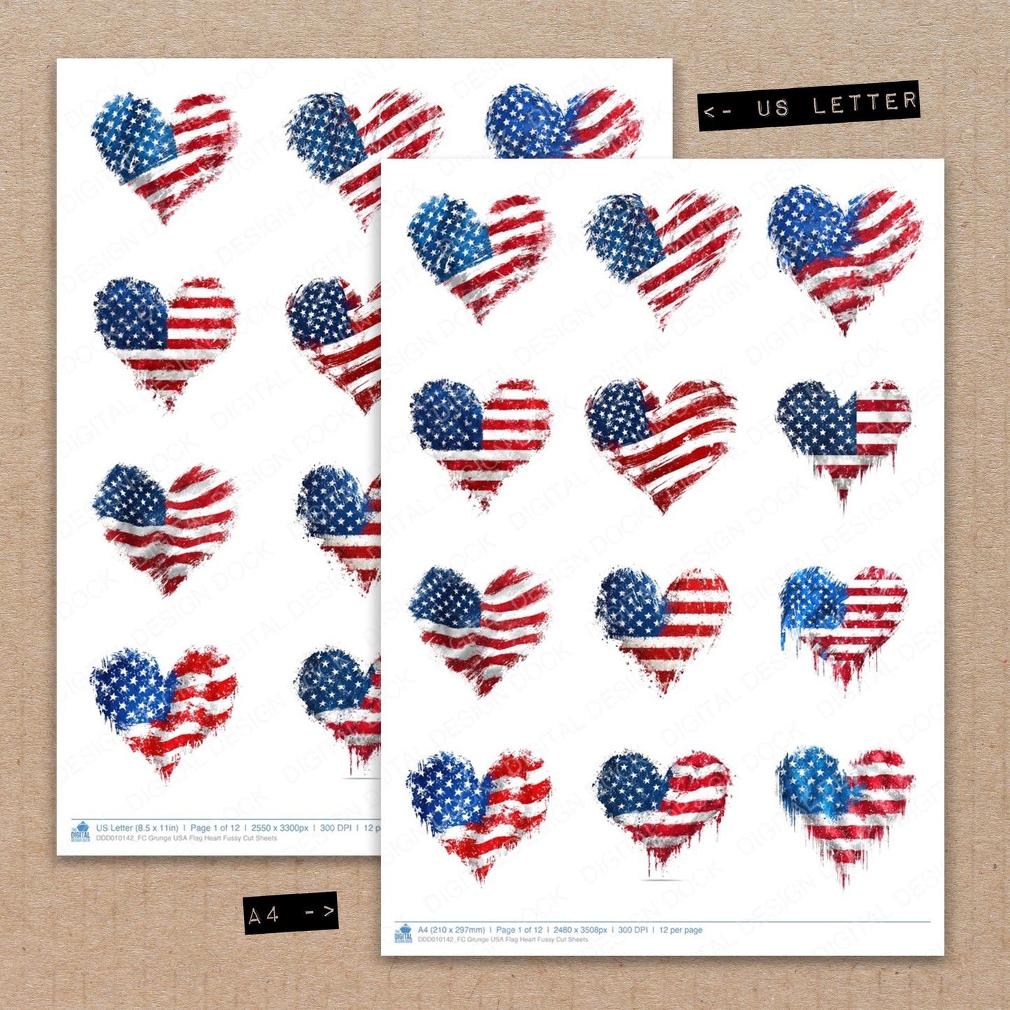 A4 and US Letter format comparison showing Grunge USA Flag Heart fussy cut pages for print and cut crafting