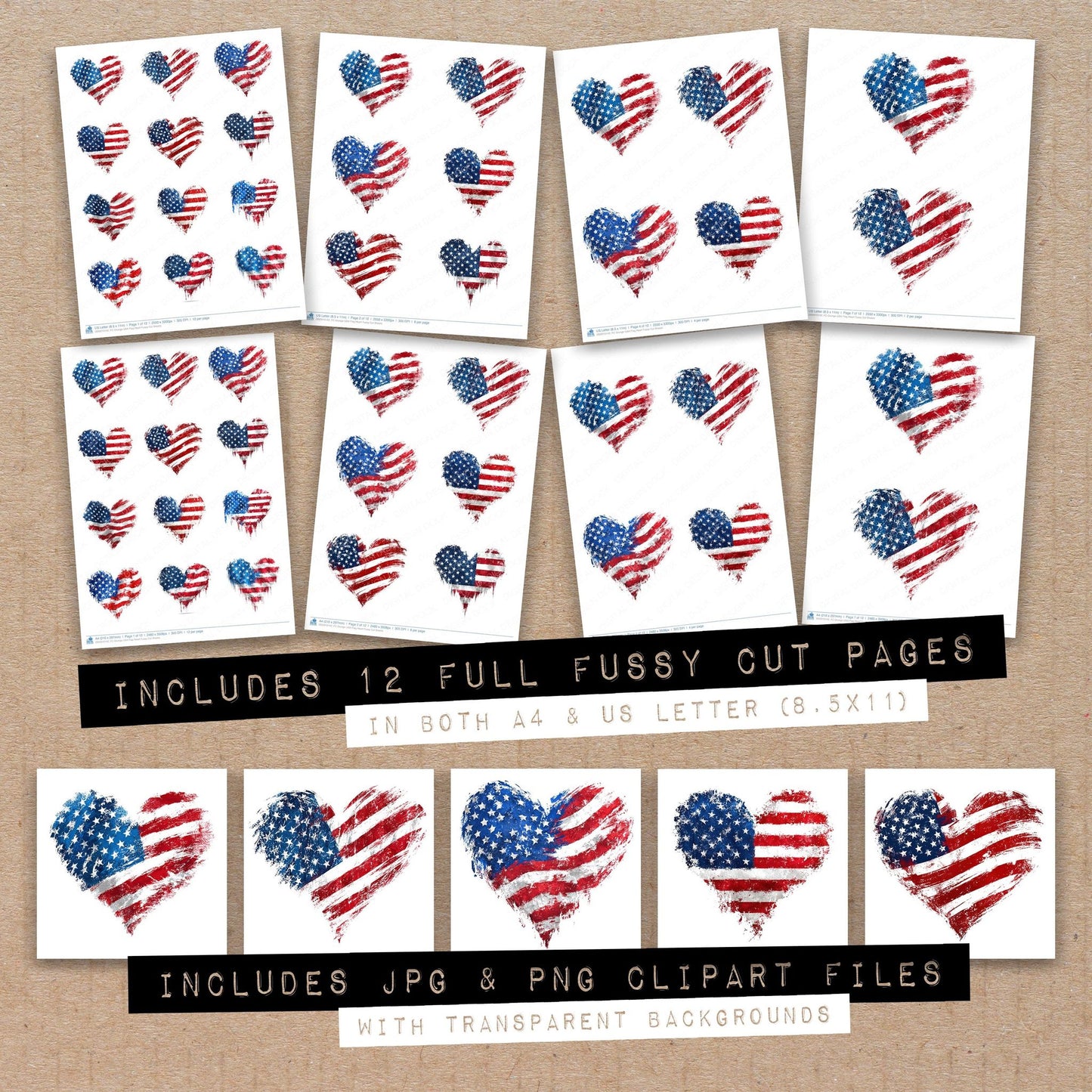 Full collection view of Grunge USA Flag Heart fussy cut sheets with bonus clipart JPG and PNG files