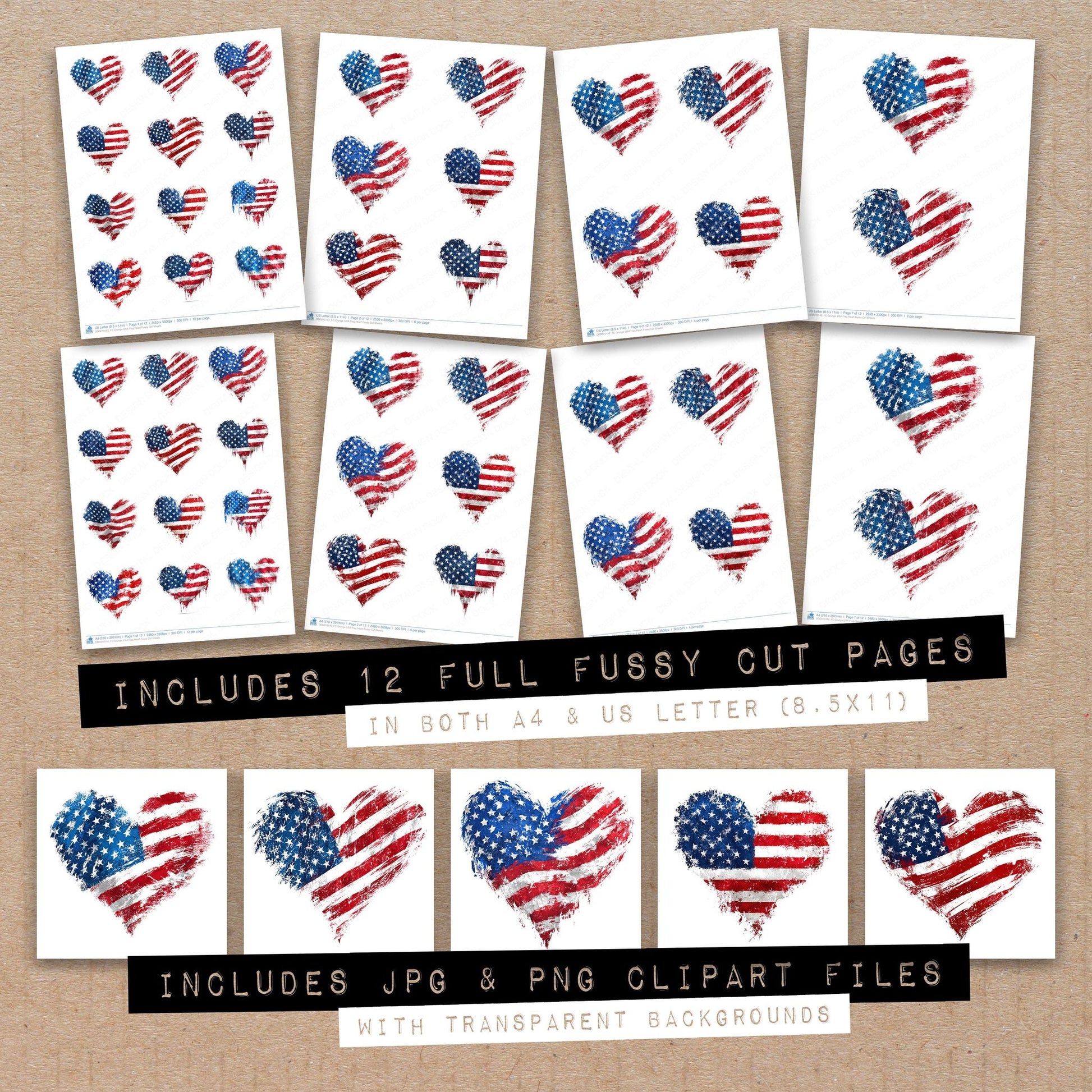 Full collection view of Grunge USA Flag Heart fussy cut sheets with bonus clipart JPG and PNG files