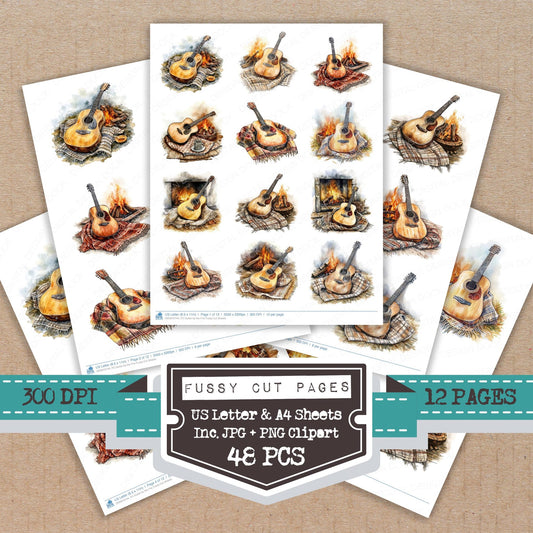 Guitar by the Fire fussy cut printable sheets for junk journaling, scrapbooking, and paper craft projects