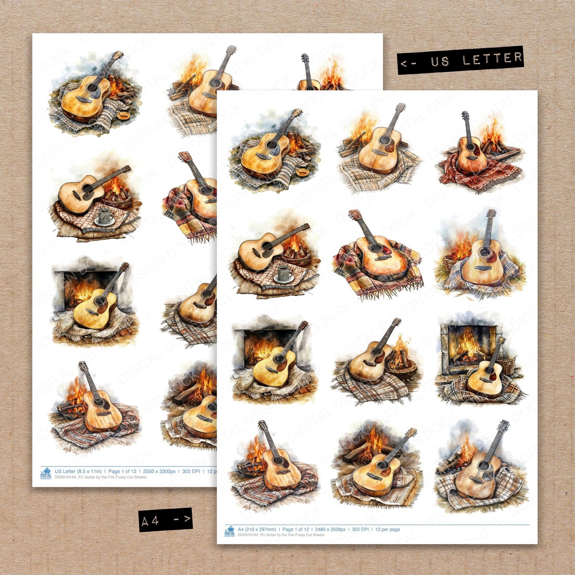 A4 and US Letter format comparison showing Guitar by the Fire fussy cut pages for print and cut crafting