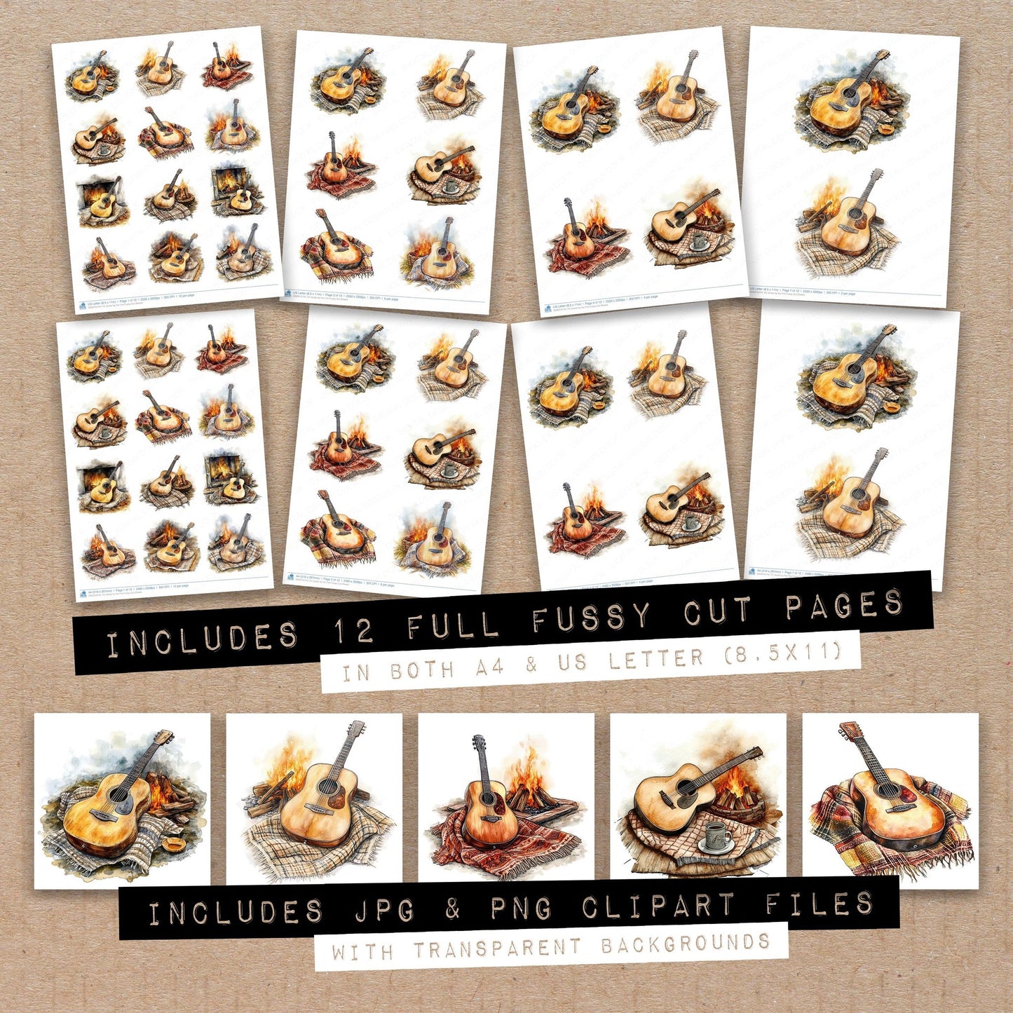 Full collection view of Guitar by the Fire fussy cut sheets with bonus clipart JPG and PNG files