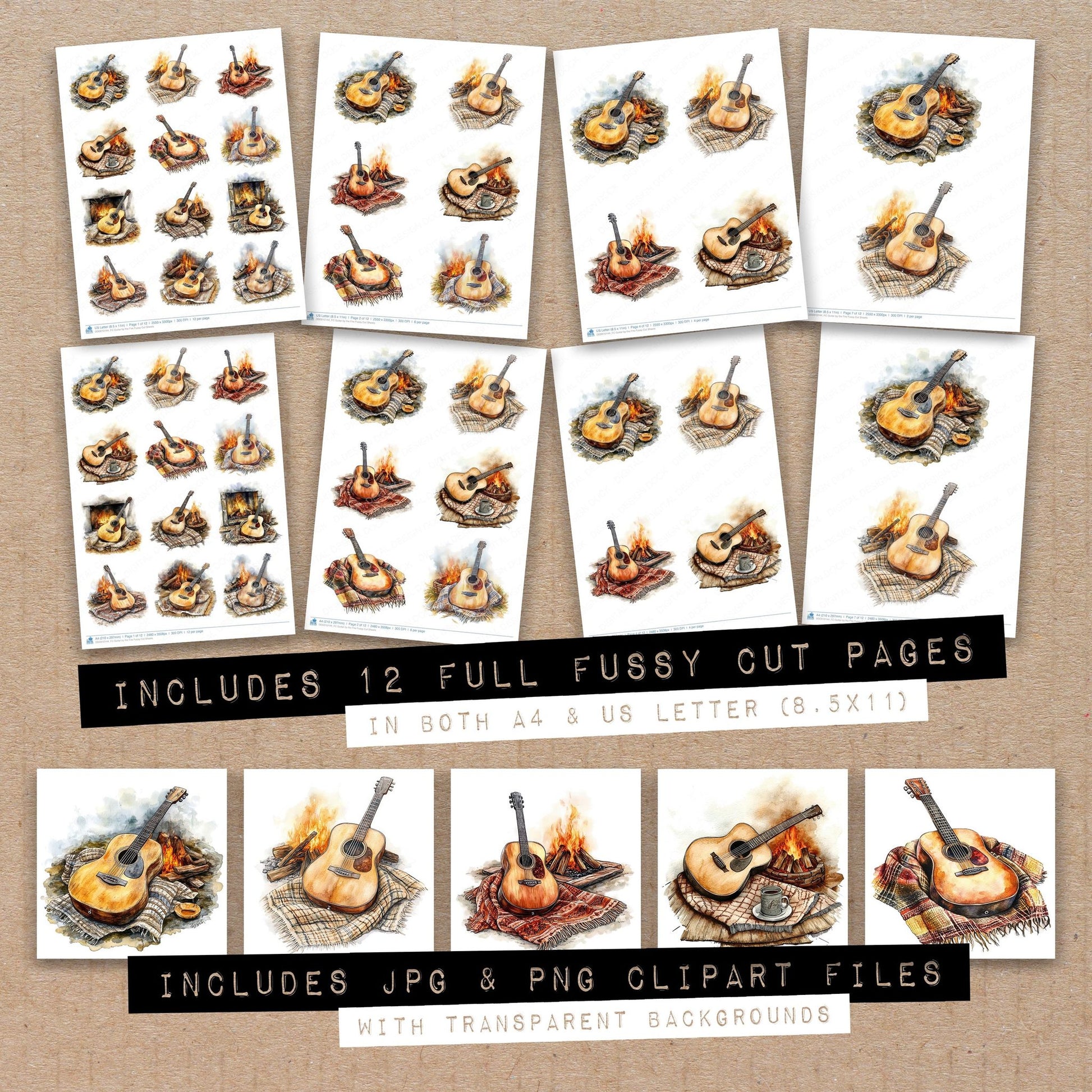 Full collection view of Guitar by the Fire fussy cut sheets with bonus clipart JPG and PNG files