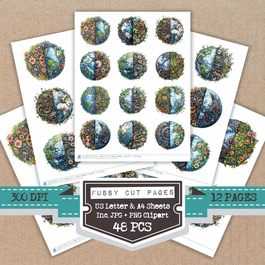 Half Floral Half Gear Earth fussy cut printable sheets for junk journaling, scrapbooking, and paper craft projects