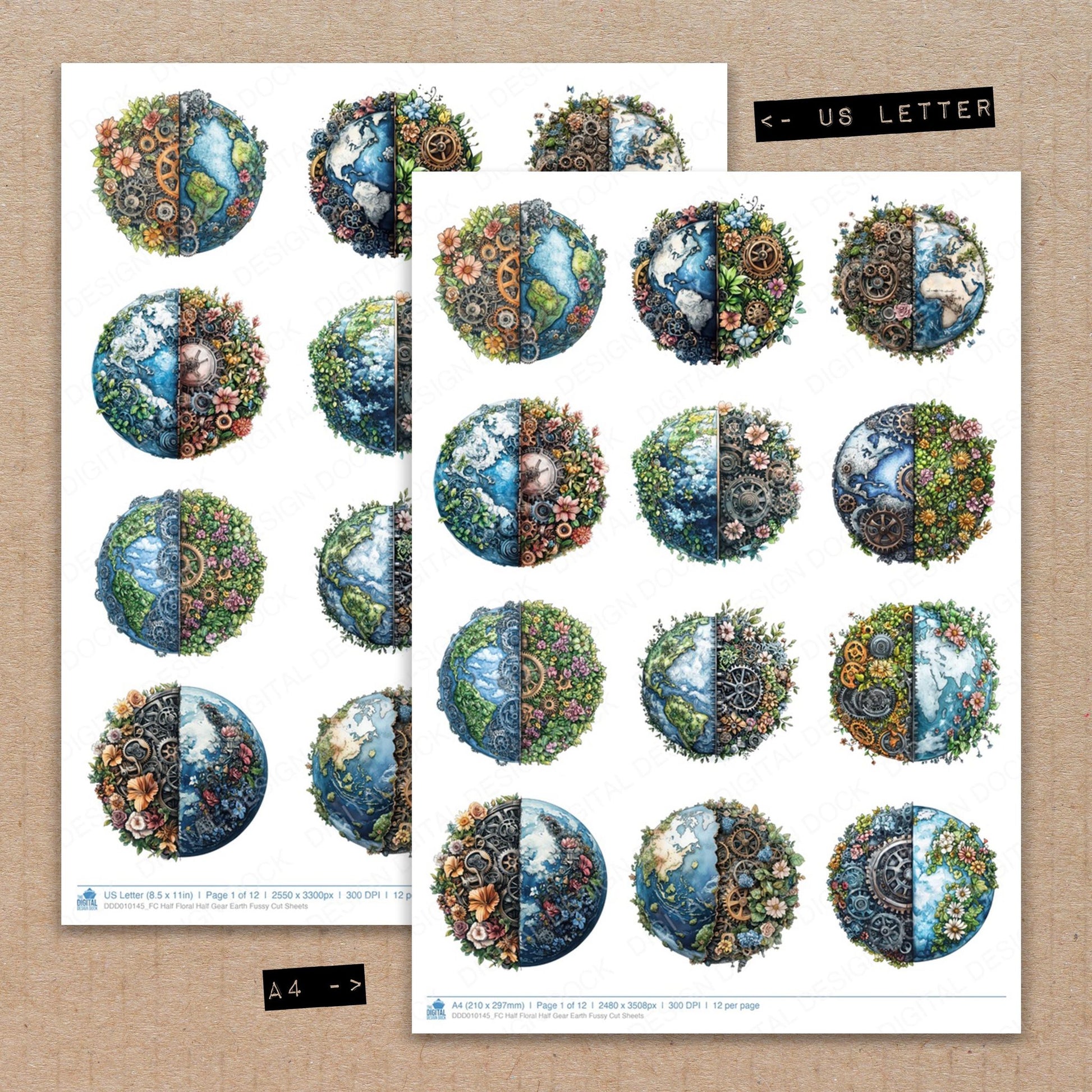 A4 and US Letter format comparison showing Half Floral Half Gear Earth fussy cut pages for print and cut crafting