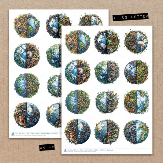 A4 and US Letter format comparison showing Half Floral Half Gear Earth fussy cut pages for print and cut crafting