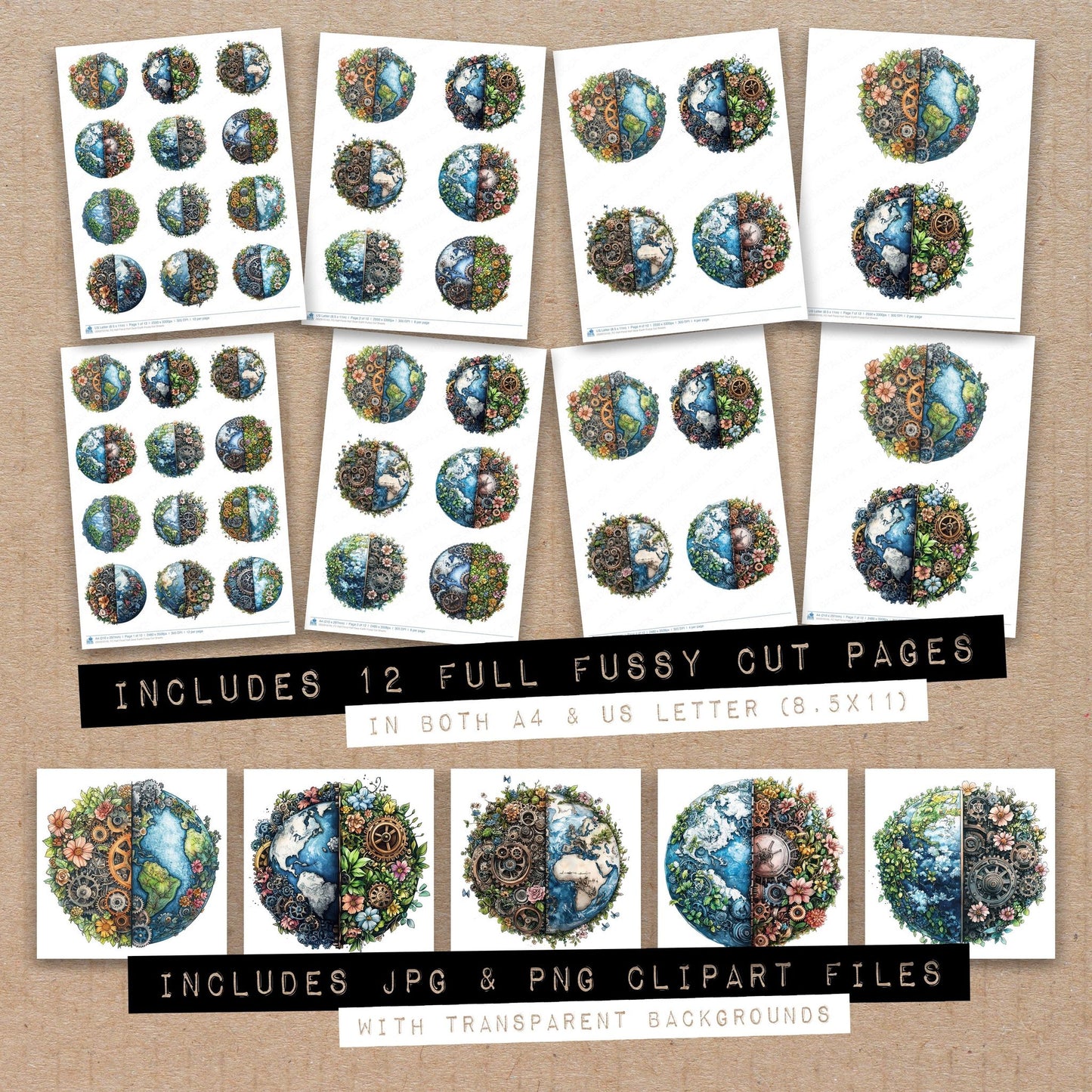 Full collection view of Half Floral Half Gear Earth fussy cut sheets with bonus clipart JPG and PNG files