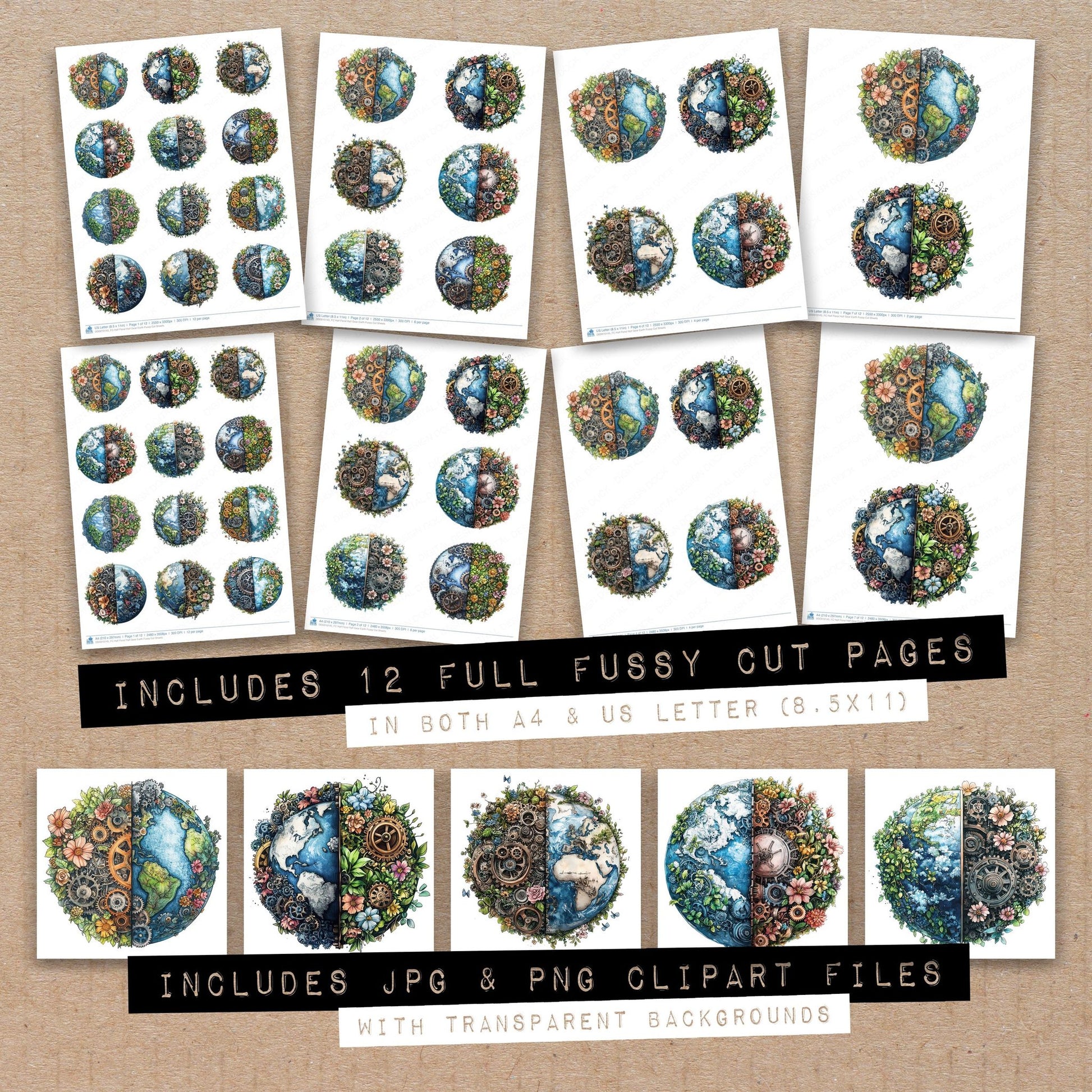 Full collection view of Half Floral Half Gear Earth fussy cut sheets with bonus clipart JPG and PNG files