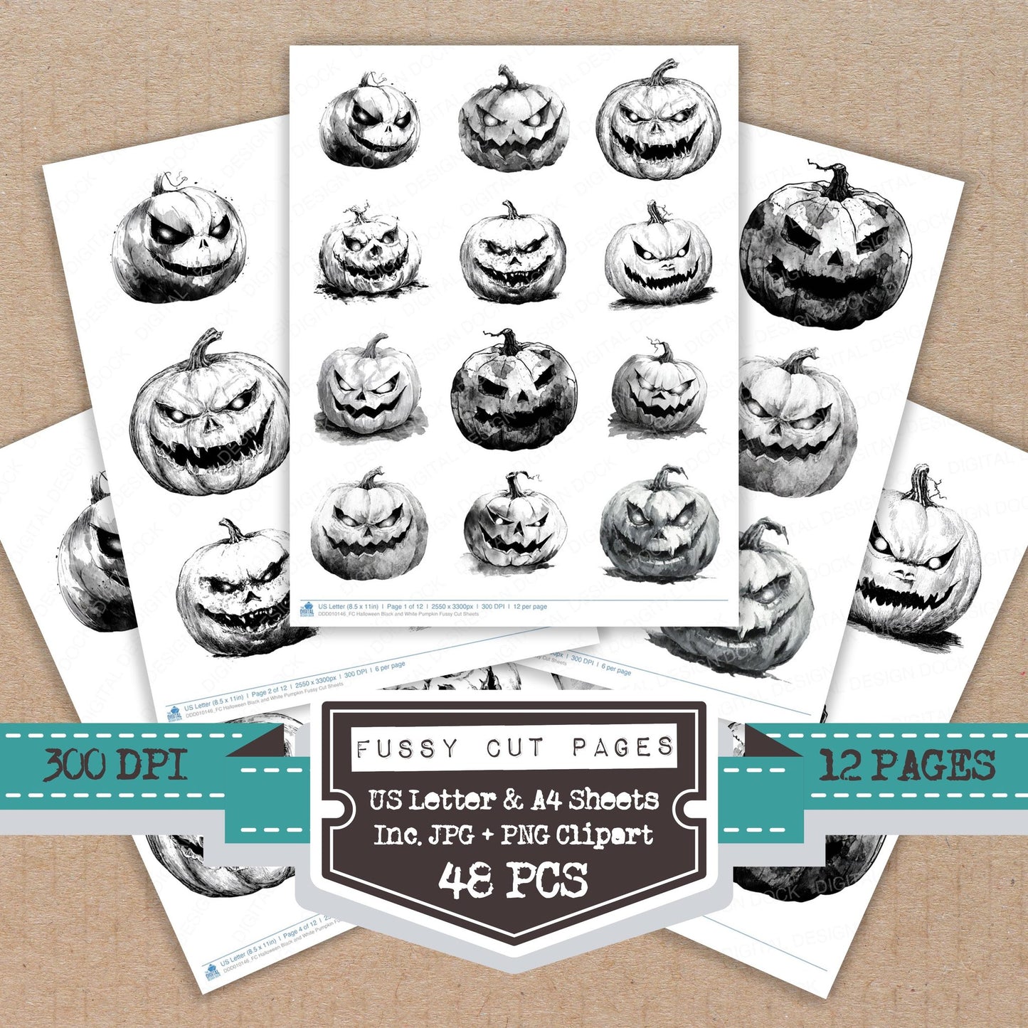 Halloween Black and White Pumpkin fussy cut printable sheets for junk journaling, scrapbooking, and paper craft projects