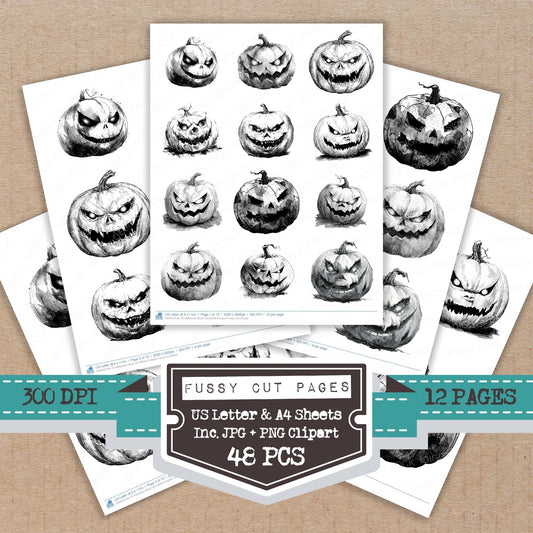 Halloween Black and White Pumpkin fussy cut printable sheets for junk journaling, scrapbooking, and paper craft projects